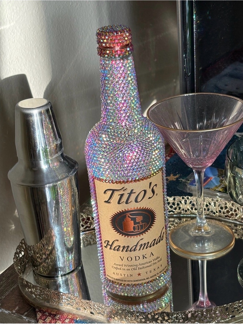 Handmade Iridescent Rhinestone Tito’s Vodka Bottle Decor